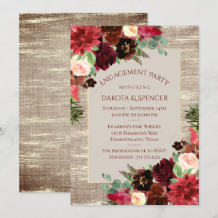 Christmas Rustic Burgundy Gold Engagement Party Invitation