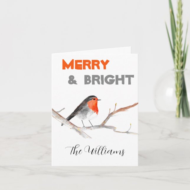 Christmas rustic chic watercolor robin bird Merry Holiday Card (Front)