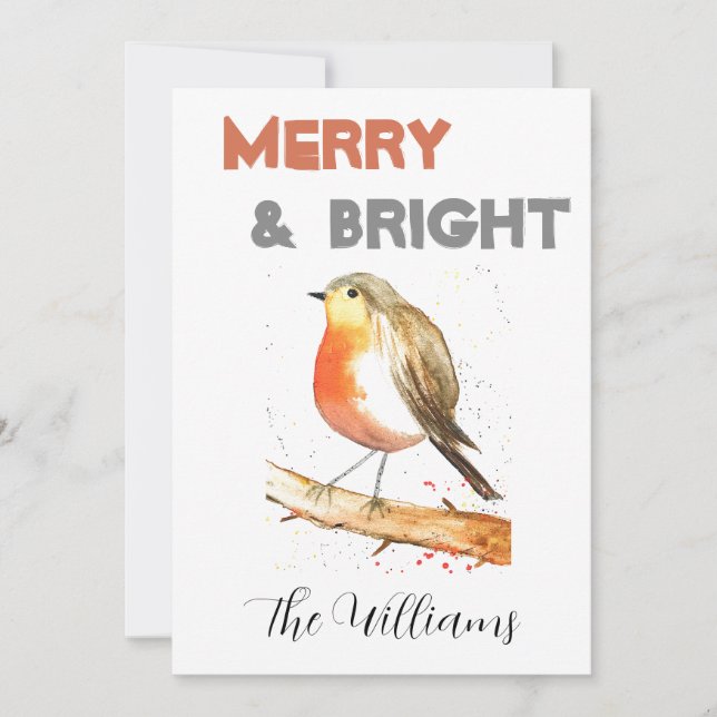 Christmas rustic chic watercolor robin bird Merry Invitation (Front)