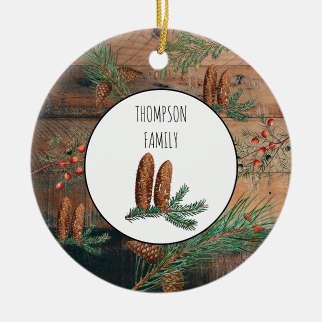 Christmas Rustic Conifers Pine Wood Family Name Ceramic Tree Decoration (Front)