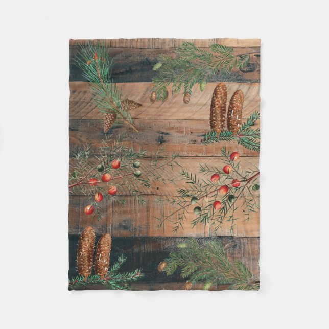 Christmas Rustic Conifers Pine Wood Fleece Blanket (Front)