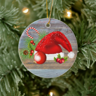 Christmas Rustic Country Santa Hat Gray Ceramic Tree Decoration