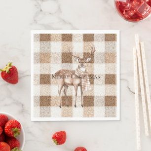 Christmas Rustic Cream Brown Plaid Deer Napkin