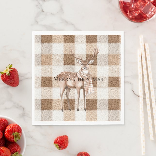 Christmas Rustic Cream Brown Plaid Deer Napkin (Insitu)