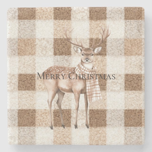 Christmas Rustic Cream Brown Plaid Deer Stone Coaster (Front)
