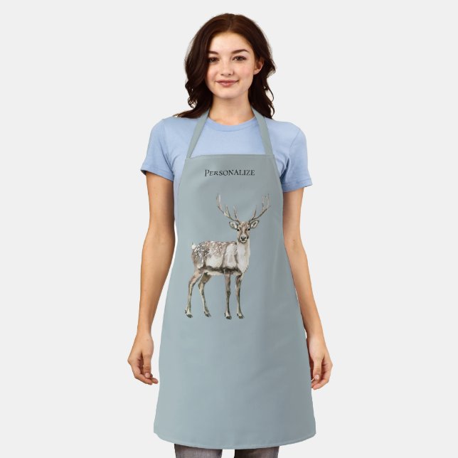 Christmas Rustic Deer Pine Green Personalised Apron (Worn)