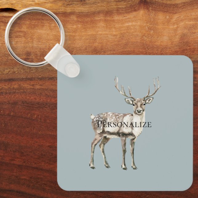 Christmas Rustic Deer Pine Green Personalised Key Ring (Front)