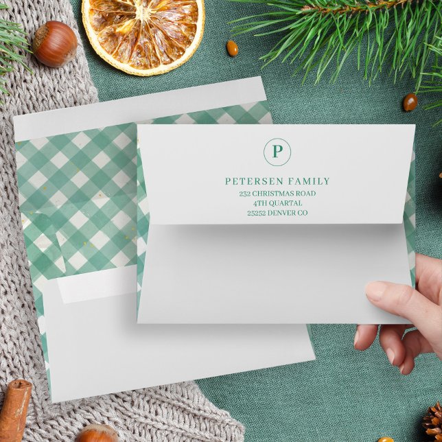 Christmas rustic elegant green plaid monogrammed envelope (Creator Uploaded)