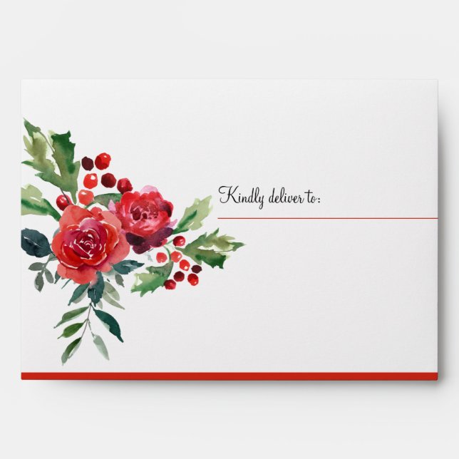 Christmas rustic elegant watercolor floral wedding envelope (Front)