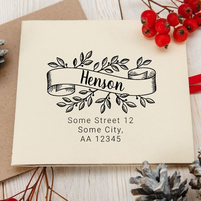 Christmas Rustic Foliage Ribbon Family Address Rubber Stamp (Creator Uploaded)