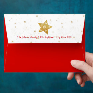 Christmas rustic gold stars script red custom name envelope