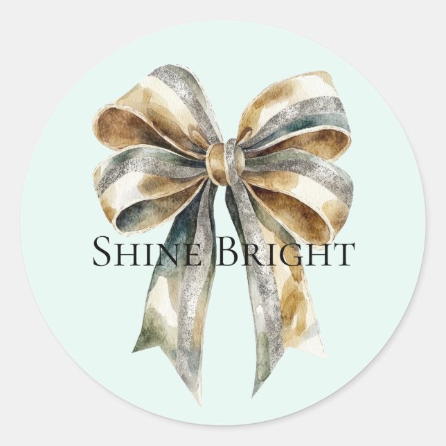 Christmas Rustic Green Gold Bow Personalised Classic Round Sticker (Front)