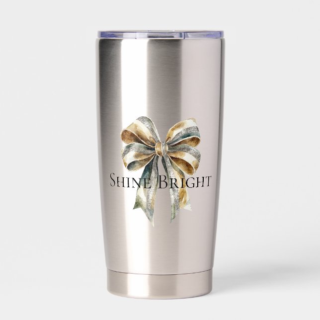 Christmas Rustic Green Gold Bow Personalised Insulated Tumbler (Front)