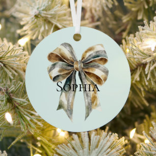 Christmas Rustic Green Gold Bow Personalised Metal Tree Decoration