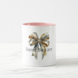 Christmas Rustic Green Gold Bow Personalised Mug