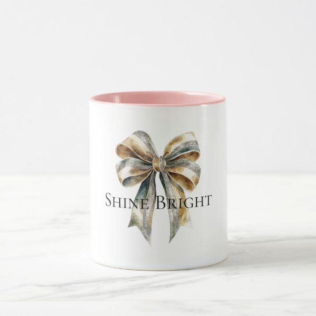 Christmas Rustic Green Gold Bow Personalised Mug (Center)