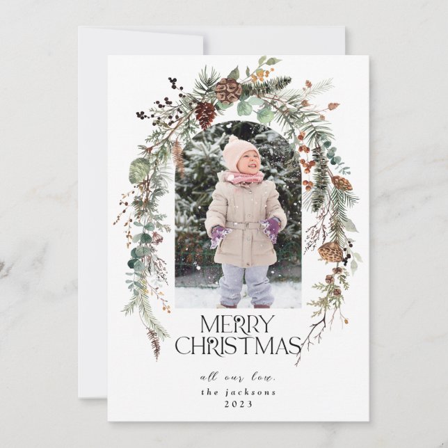 Christmas Rustic Greenery Berries Lotus Photo Holiday Card (Front)