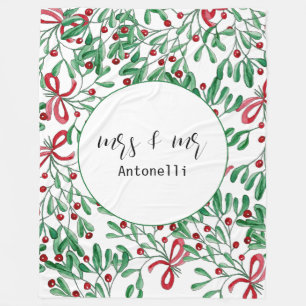 Christmas Rustic Mistletoe Watercolor Hand-painted Fleece Blanket