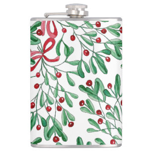 Christmas Rustic Mistletoe Watercolor Hand-painted Hip Flask