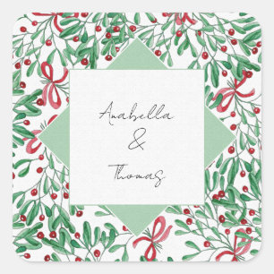 Christmas Rustic Mistletoe Watercolor Hand-painted Square Sticker