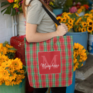 Christmas Rustic Monogram Red Holiday Plaid Tote Bag