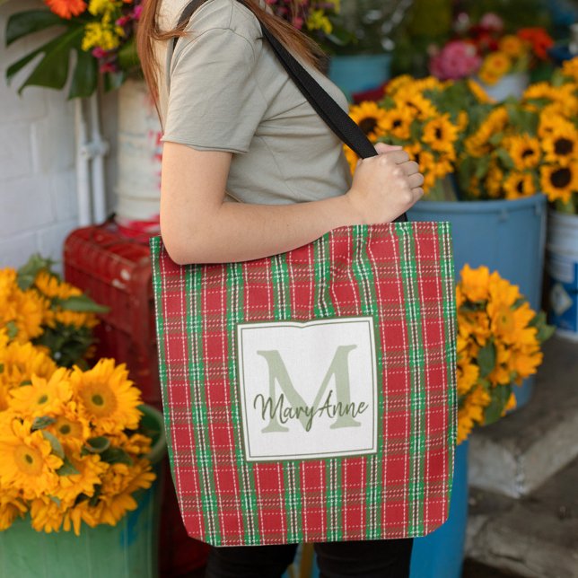 Christmas Rustic Monogram Red Holiday Plaid Tote Bag (Christmas red and green monogram tote bag.)