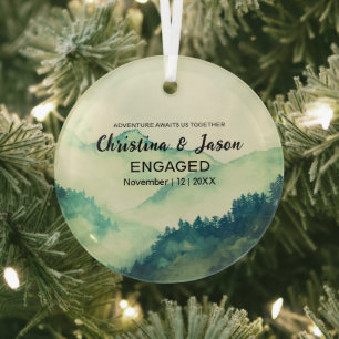 Christmas Rustic Mountain Hiking Engagement Green Glass Tree Decoration