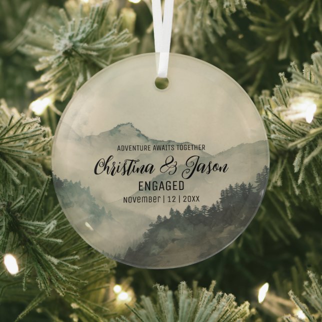 Christmas Rustic Mountain Hiking Engagement Green Glass Tree Decoration (Insitu)