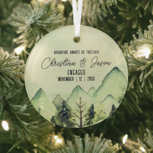 Christmas Rustic Mountain Hiking Engagement Green Glass Tree Decoration