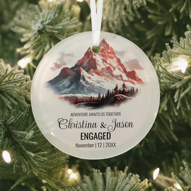 Christmas Rustic Mountain Range Couple Engage Red Glass Tree Decoration (Insitu)