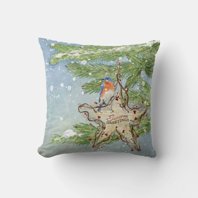 Christmas Rustic Nature Blue Bird birch Star Cushion (Front)