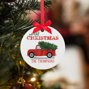 Christmas Rustic Photo Red Truck Holiday Custom  Ceramic Tree Decoration