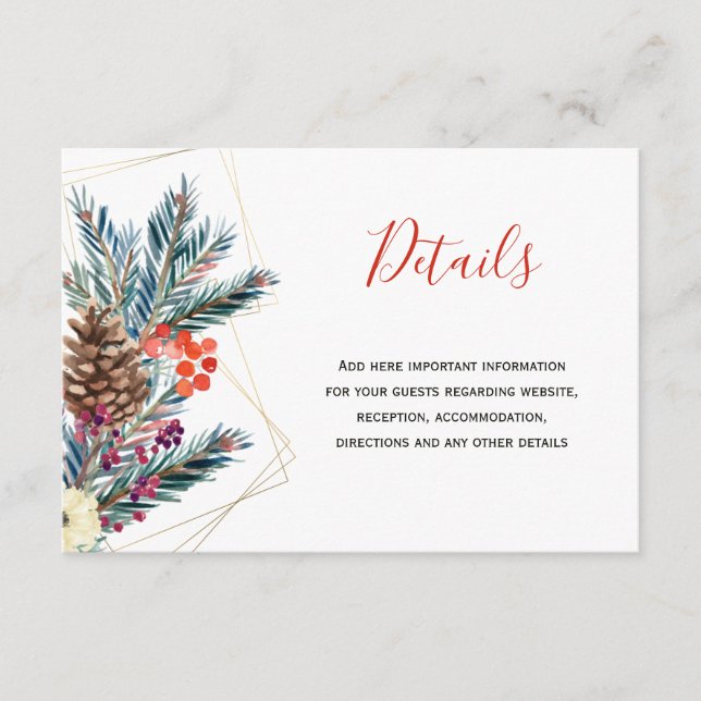 Christmas rustic pine cone wedding guest details enclosure card (Front)