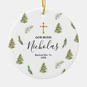 Christmas Rustic Pine Trees Baptism God Bless  Ceramic Tree Decoration