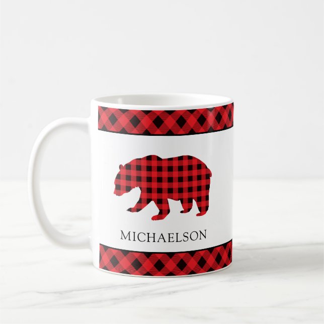 Christmas Rustic Red Buffalo Plaid Bear Silhouette Coffee Mug (Left)