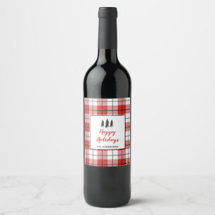 Christmas Rustic Red White & Black Flannel Pattern Wine Label