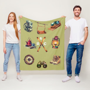 Christmas Rustic Ski Couple Initial Outdoor Olive Fleece Blanket