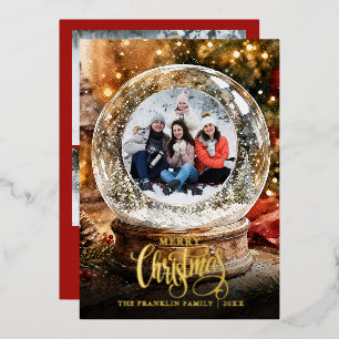 Christmas Rustic Snow Globe 4 Photo Collage Foil Holiday Card