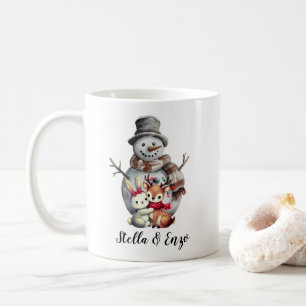 Christmas Rustic Snowman Deer Rabbit Art Red Green Coffee Mug