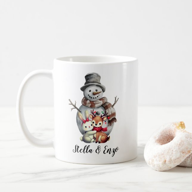 Christmas Rustic Snowman Deer Rabbit Art Red Green Coffee Mug (With Donut)