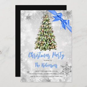 Christmas   Rustic Tree & Blue Ribbon Holiday Glam Invitation