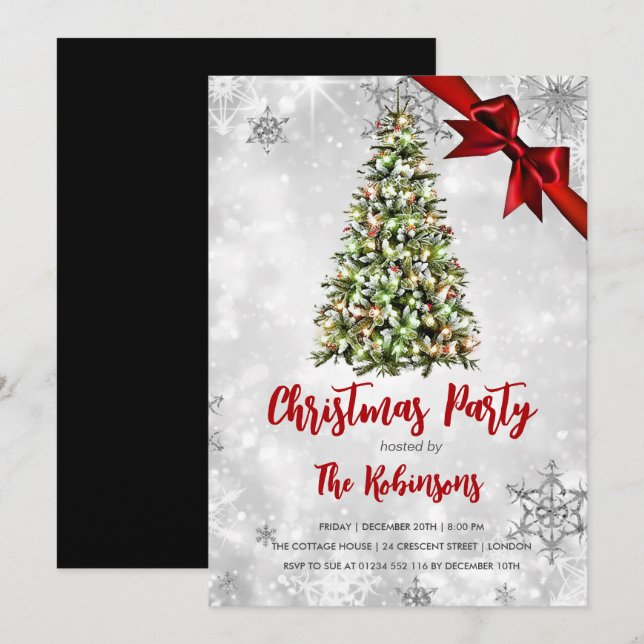 Christmas | Rustic Tree & Red Ribbon Holiday Glam  Invitation (Front/Back)