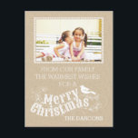 Christmas rustic typography vintage crafty photo holiday postcard<br><div class="desc">Rustic typography Merry Christmas holly berry vintage typography script style crafty holiday photo postcard featuring the text “Merry Christmas”, holly berry and a bird in white on PRINTED craft looking paper. This country, rustic elegant and stylish postcard with a modern flair is completely customisable. It is perfect for your Season’s...</div>