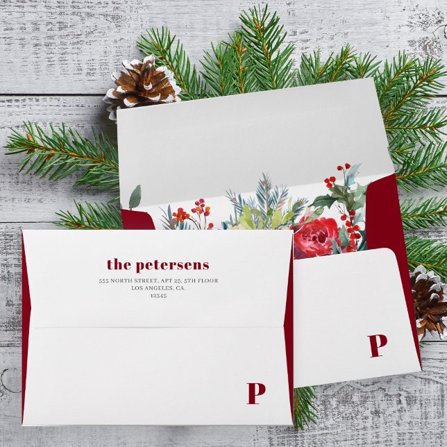 Christmas rustic watercolor floral family monogram envelope (Creator Uploaded)