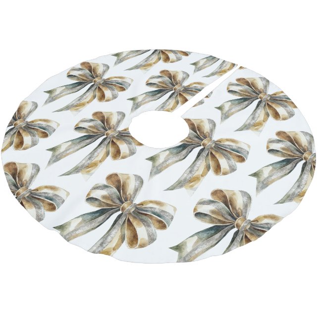 Christmas Rustic White Green Gold Bow  Brushed Polyester Tree Skirt (Angled)