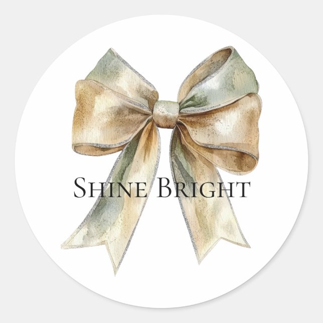 Christmas Rustic White Green Gold Bow Personalised Classic Round Sticker (Front)