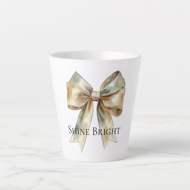 Christmas Rustic White Green Gold Bow Personalised Latte Mug (Front)