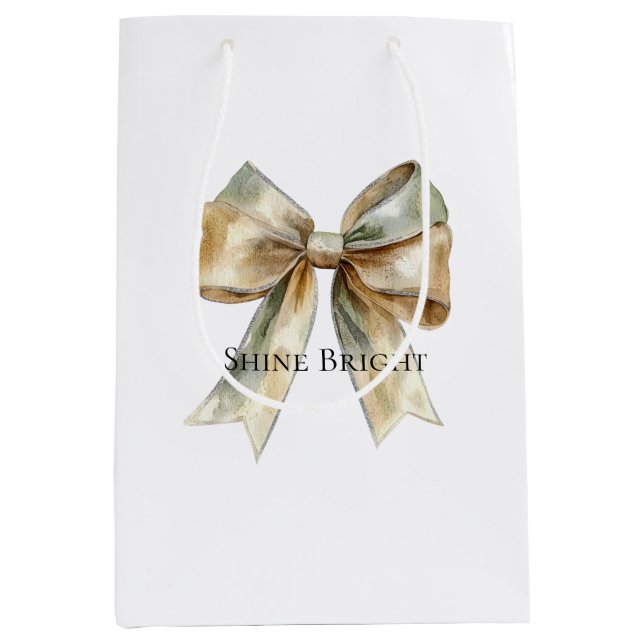 Christmas Rustic White Green Gold Bow Personalised Medium Gift Bag (Front)