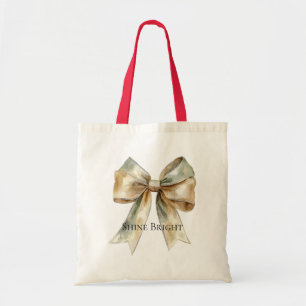 Christmas Rustic White Green Gold Bow Personalised Tote Bag