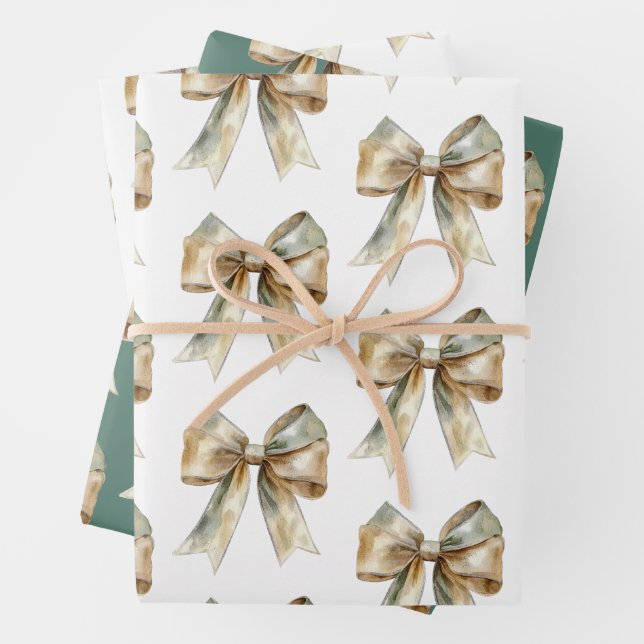 Christmas Rustic White Green Gold Bows  Wrapping Paper Sheet (In situ)